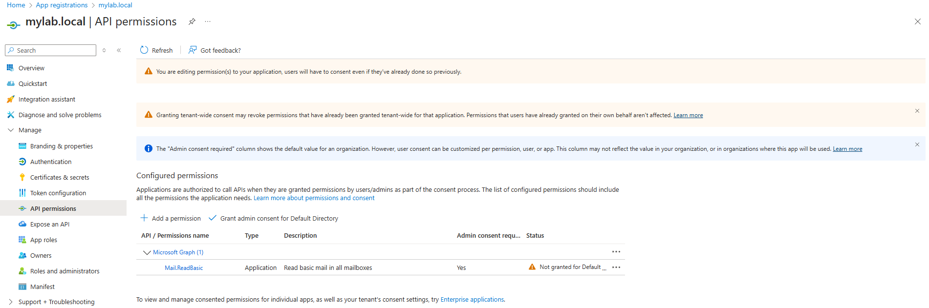 Image of Azure portal showing consent required for new permission