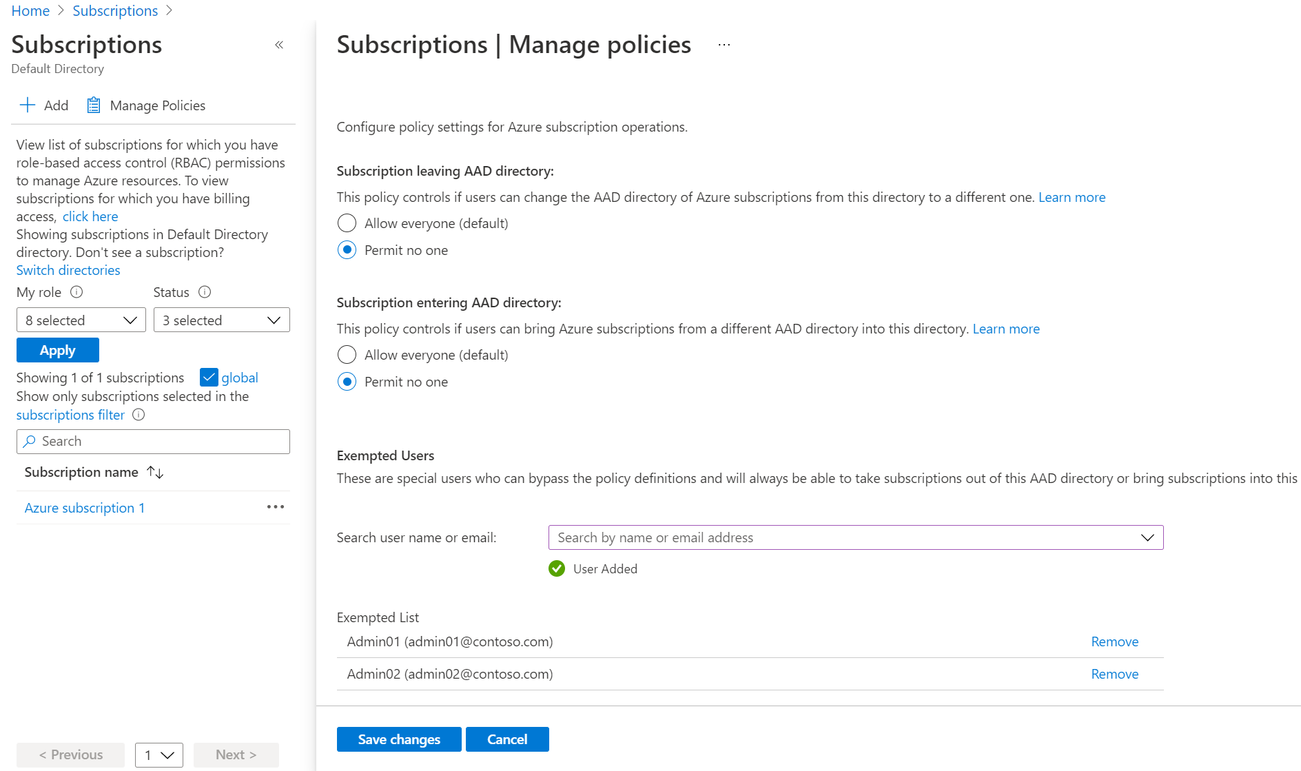 Azure Portal Managing Subscription Policies